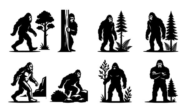 Bigfoot Silhouette Collection: Mythical Creature Vector Icons, Forest Cryptid Poses, Sasquatch Legends, Outdoor Adventure Graphics