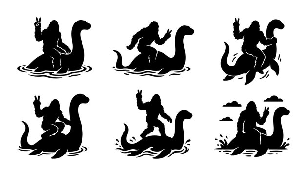 Bigfoot Riding Loch Ness Monster Silhouettes, Cryptid Duo Vector Icons, Mythical Creatures Set, Humorous Fantasy Graphic Elements