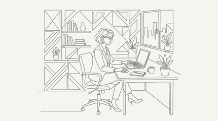 Obraz premium Businesswoman Working at Desk in Modern Office Line Drawing