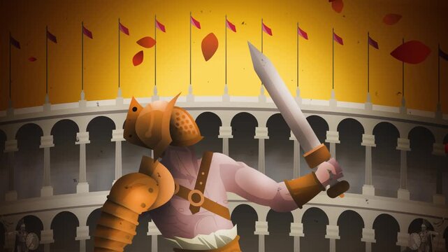 victorious gladiator with gladius sword and helmet in the roman colosseum