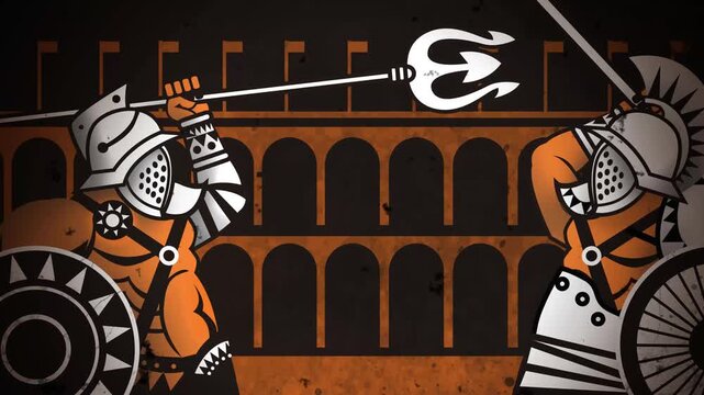 gladiators fighting in the roman colosseum in orange greek vase style