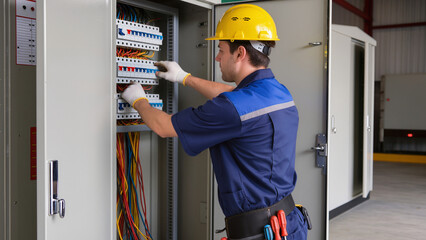 Electrician Testing Breaker Panel ​Wiring Industrial Electrical Box ​Technician Installing Power Distribution ​Maintenance Worker Inspecting Fusebox ​Professional Electrician At Work © Jakub