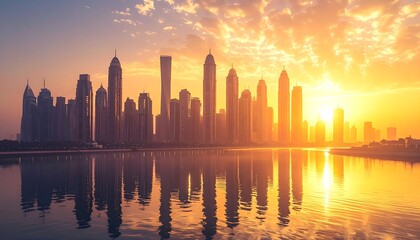 Fototapeta premium A serene city skyline at sunset with calm waters reflecting the vibrant sky