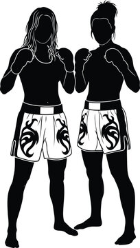 Female Boxing Fighters Silhouette Illustration with Gloves and Shorts, Standing Ready in Combat Pose