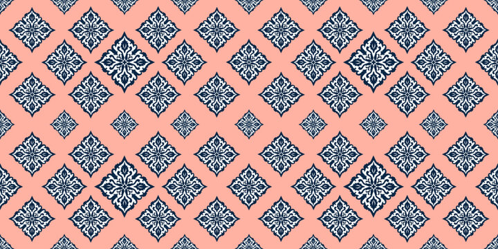 Luxury seamless Thai ornament pattern with elegant navy blue kanok motifs on a slate background. Premium cultural vector design for textile, wallpaper, and packaging.