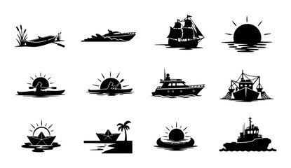 Nautical Silhouettes: Diverse Watercraft Collection, Vintage Sailing Ships to Modern Yachts, Kayaks, and Tugboats, Set of 12 Vector Icons © Nusrat