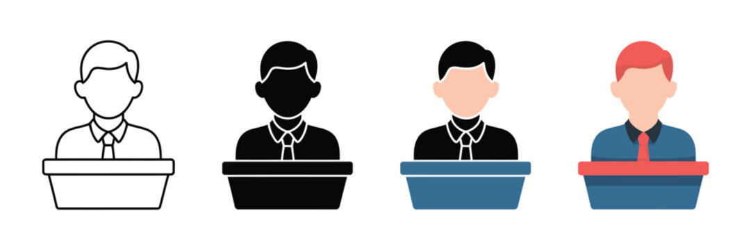 Set of speaker icons, man standing behind a podium, business person giving a presentation, vector illustration