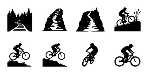Mountain Biking Icons Set, Extreme Sports Silhouette Collection, Trail Riding Vector Graphics, Outdoor Adventure Symbols © Tanvir