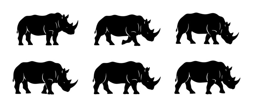 Black Rhinoceros Silhouettes, Wildlife Iconography, African Animal Vector Graphics, Simple Mammal Illustration, Powerful Creature Design
