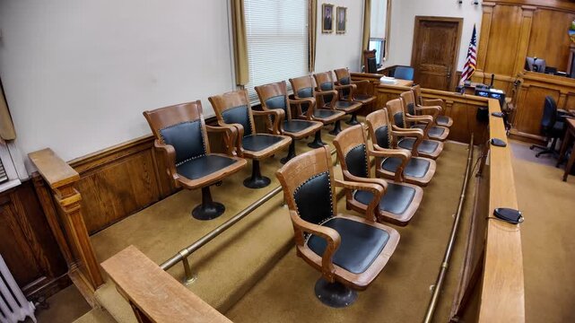 Rising gimbal shot of jury seats in a courtroom in the historic Hocking County Courthouse