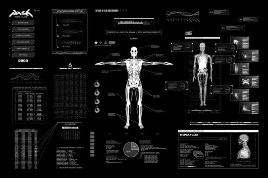 Futuristic Medical HUD with Skeleton Scan Interface. Sci-fi Futuristic user interface with neural data, data, biometric, HUD interface and 3D body. Healthcare UI sci-fi interface. Vector graphic box