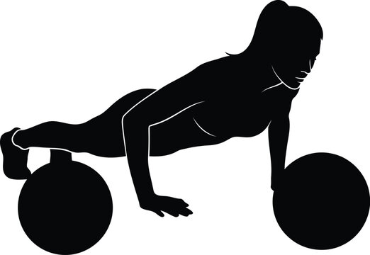 Silhouette of athlete doing push-up on exercise balls, functional training and core workout