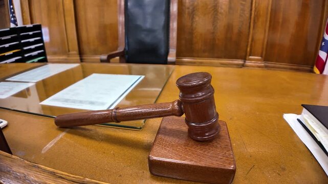 Close-up gimbal shot of a gavel in a courtroom in the historic Hocking County Courthouse