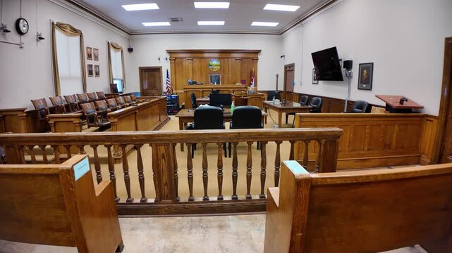 Gimbal wide shot push into a courtroom in the historic Hocking County Courthouse