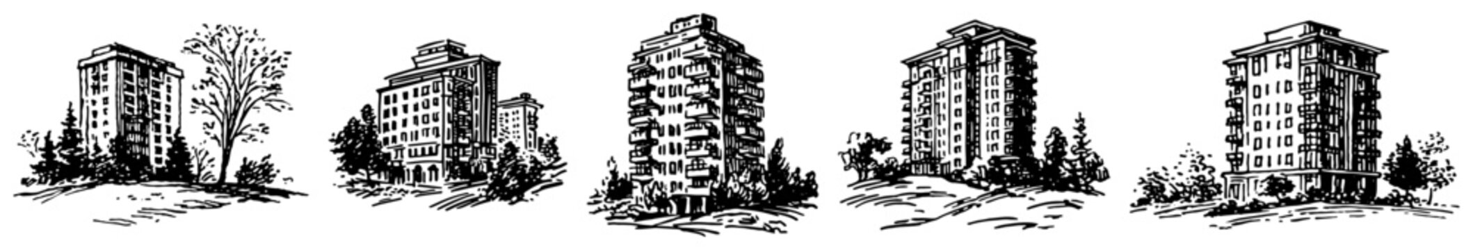 Residential high rise towers and modern apartment buildings in vintage engraving style