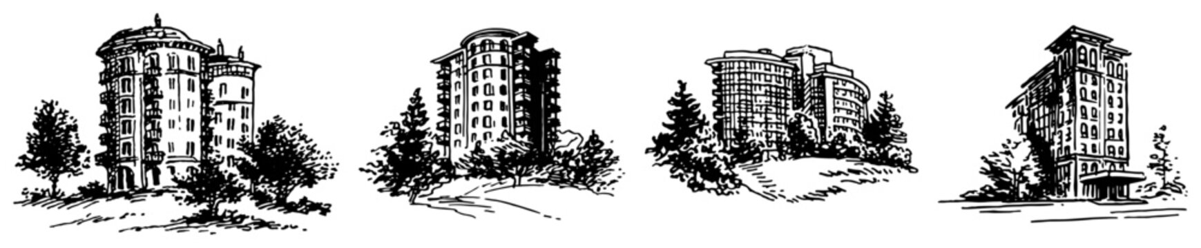 Modern luxury apartment complexes and residential condos with trees in vintage engraving style