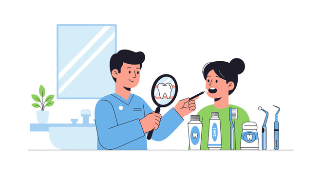 Dentist Examines Child's Toothbrushing Hygiene with Magnifying Glass