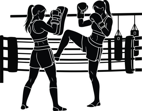 Female Boxers Sparring in a Boxing Ring Silhouette Black and White Training Scene