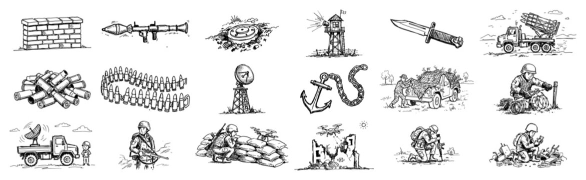 Military equipment and soldiers collection featuring weapons vehicles and combat scenes in engraving style