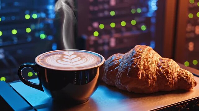 Steaming Latte Art Coffee and French Croissant on Glowing Metallic Computer Server Interface