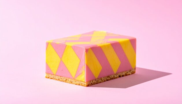A vibrant Battenberg cake slice with pink and yellow geometric checkerboard pattern on a pink surface