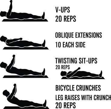 Ab Workout Exercise Infographic with Silhouette Fitness Poses and Rep Counts in Black and White