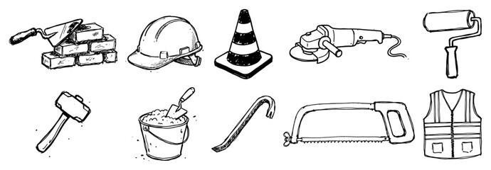 Construction tools and safety equipment collection in hand drawn doodle style © Amelia
