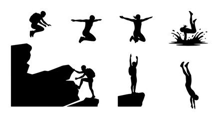 Adventure Silhouette Collection: Dynamic Action Poses, Mountain Climbing, Jumping, Diving, and Outdoor Sports Vector Icons for Lifestyle and Recreation Themes © Mehedi