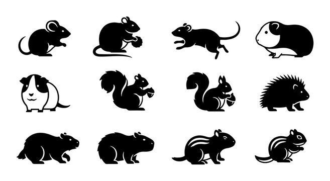 Set of 12 Black Silhouette Rodent and Small Mammal Icons, Vector Graphics for Pet Care and Wildlife Design