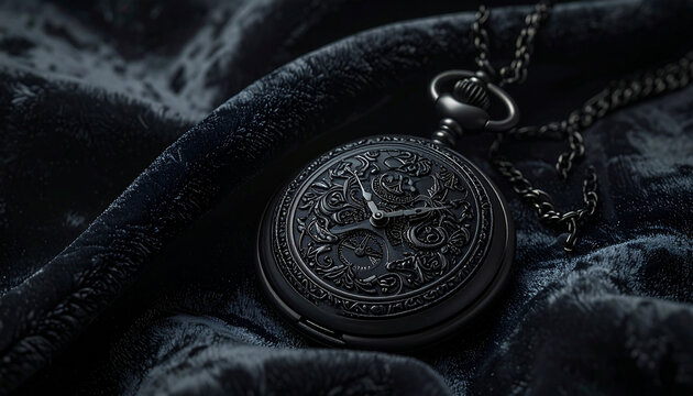 Black pocket watch on velvet fabric with chain