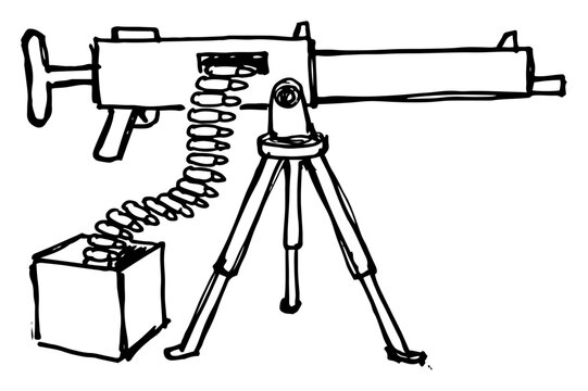 Heavy machine gun on tripod with ammunition belt and box in simple line art style