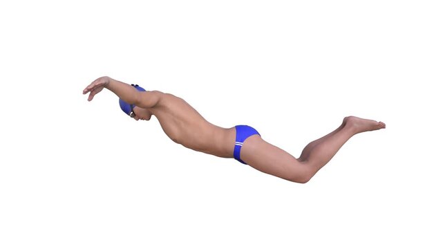 3D Render :  a male character performs butterfly style swimming , side view
