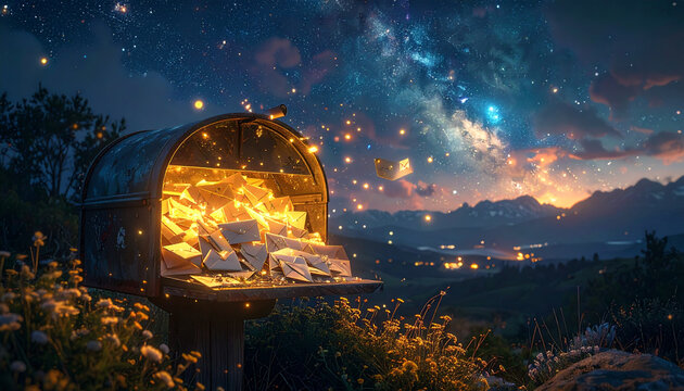Magical Night Sky Scene with Glowing Mailbox and Starry Heaven