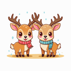 Naklejka premium Cute Cartoon Reindeer Couple Wearing Scarves