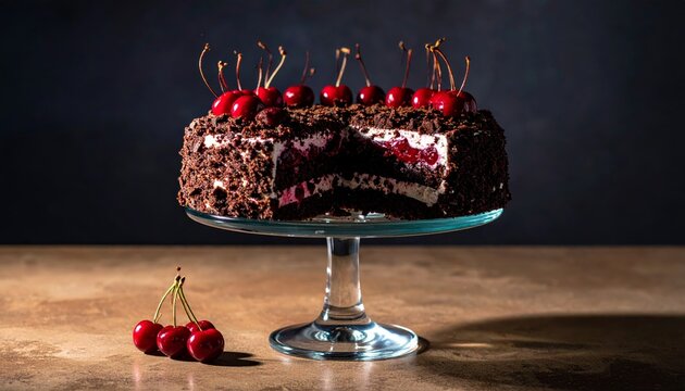 Decadent Black Forest Cake with Rich Chocolate and Cherries on a Glass Stand
