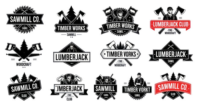 Lumberjack & Sawmill Company Logos Set - Vintage Woodworking & Timber Industry Emblems
