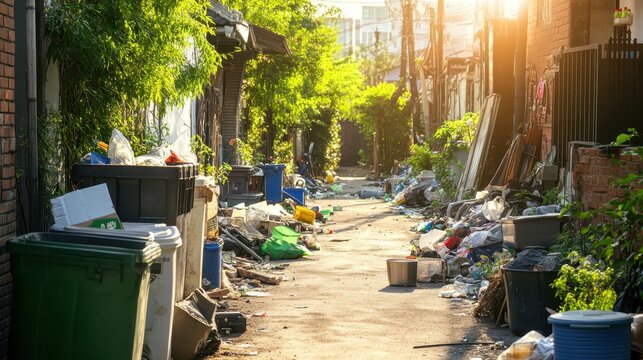 A cluttered urban alleyway filled with overflowing trash cans and discarded items bathed in bright sunlight