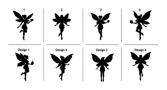 Set of 6 Black Silhouette Fairy Designs, Magical Enchanted Creature Vector Illustrations, Whimsical Fantasy Character Graphics for Children's Books and Party Invitations