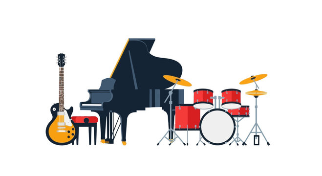 Grand Piano, Electric Guitar, and Drum Set - Music Instruments