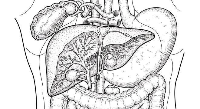 Black and white line drawing of human lungs and bronchial tree.