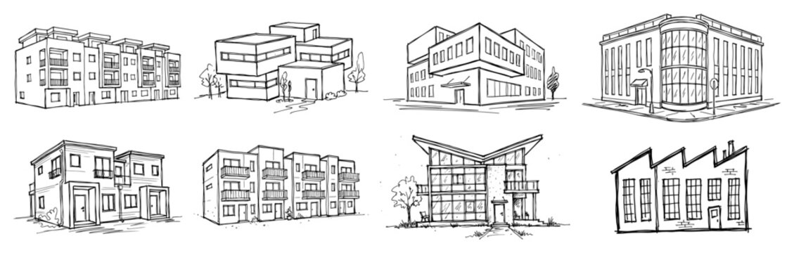 Modern architectural building collection with various residential and office structures in line art style