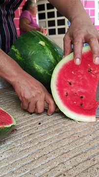 Woman Knife Slicing Into Whole Ripe Green Watermelon Close Up