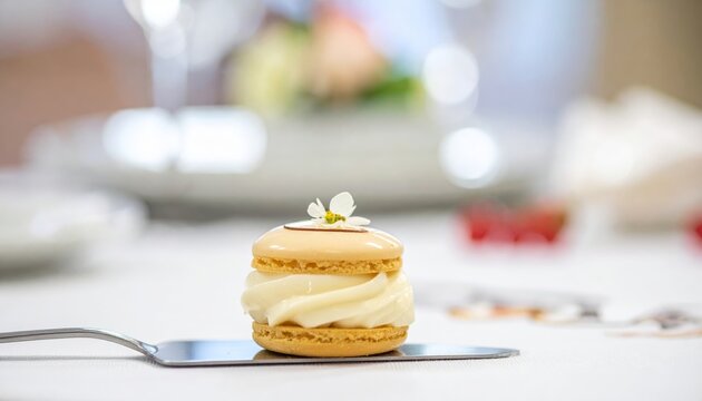 An elegant single petit four macaron with delicate cream filling and a tiny sugar flower.