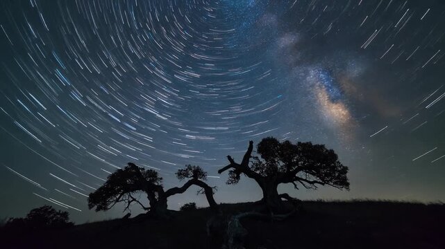 Vibrant time-lapse of the glowing Milky Way galaxy and swirling star trails above silhouetted trees on a dark hill, symbolizing the grandeur