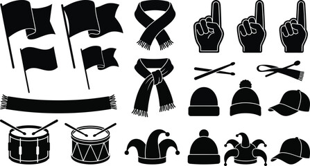 Black and white sports fan including flags, hands, hats, and musical instruments © Graphic Shops