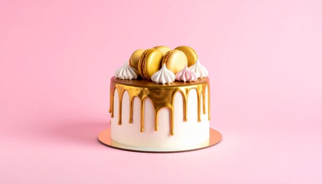An elegant white cake adorned with luxurious gold ganache drips and topped with macarons and meringues