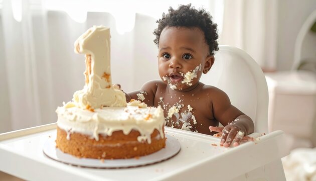 Adorable baby enjoying a messy smash cake for their first birthday celebration