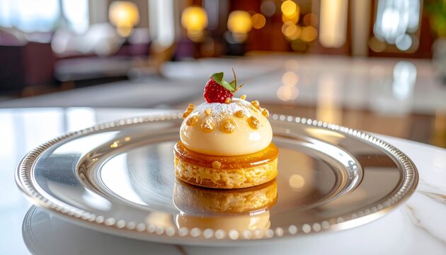 An exquisite petit four dessert with intricate details, featuring a raspberry and edible sugar garnish on a silver plate.