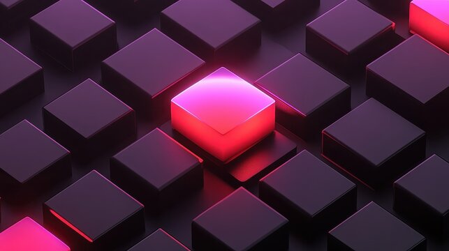 Central illuminated cube emerges from a dim grid of dark cubes in a digital data environment