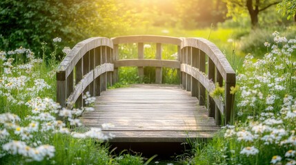Obraz premium Charming wooden bridge adorned with wildflowers in a sun-drenched rural landscape